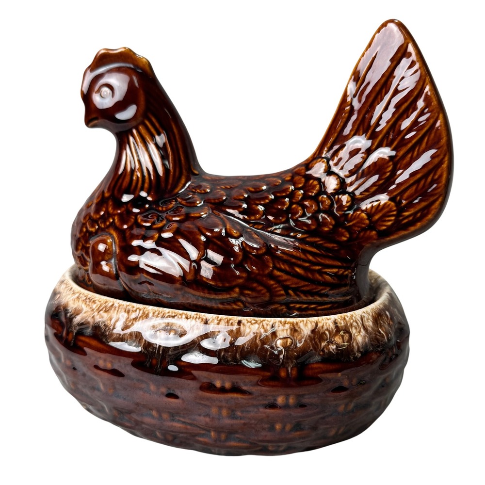 Vintage Hull Pottery Brown Drip Hen on Nest Covered Casserole Dish USA - Picture 4 of 16